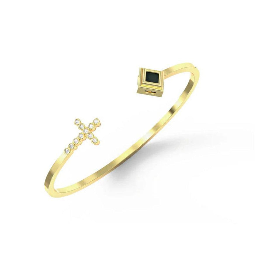 Gold Open Bangle with Crystal Cross and Square Accent