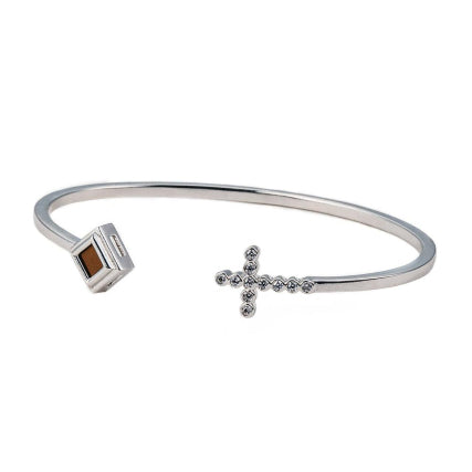Silver Open Bangle with Cross and Square Detail