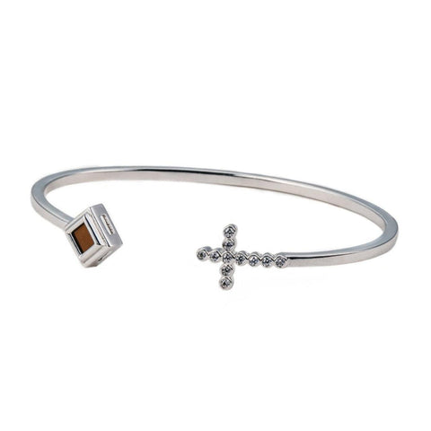 Silver Open Bangle with Cross and Square Detail